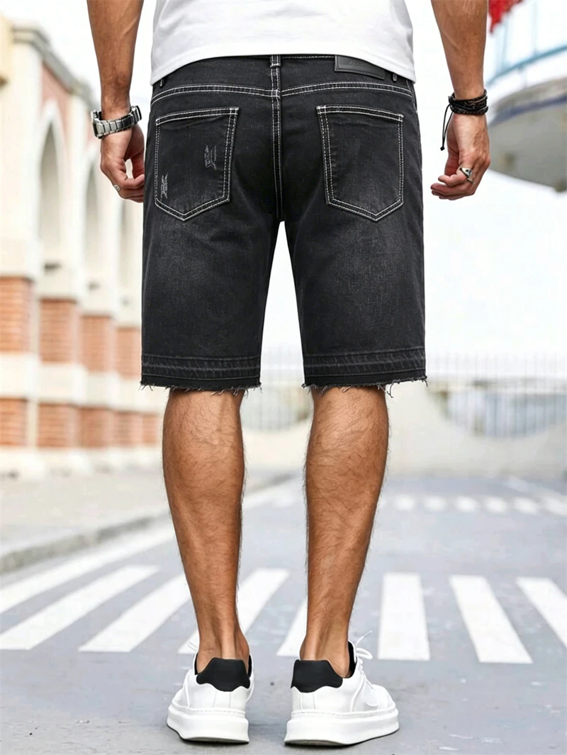 Men's Stretch Black Jorts Street Style Denim Shorts Summer New Korea Fashion Casual Bermuda Hip Hop Knee Length Jeans view 3