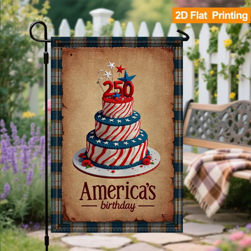 Bandera Patriótica de Jardín para el 4 de Julio, Diseño de Pastel de Cumpleaños Americano, Decoración Rústica para Exteriores, para Porche y Balcón, Celebración del 250 Aniversario del Estado de los Estados Unidos, Banderas Patrióticas para Jardín, Pancarta Duradera de Poliéster para Césped y Casa, Suministros de Decoración