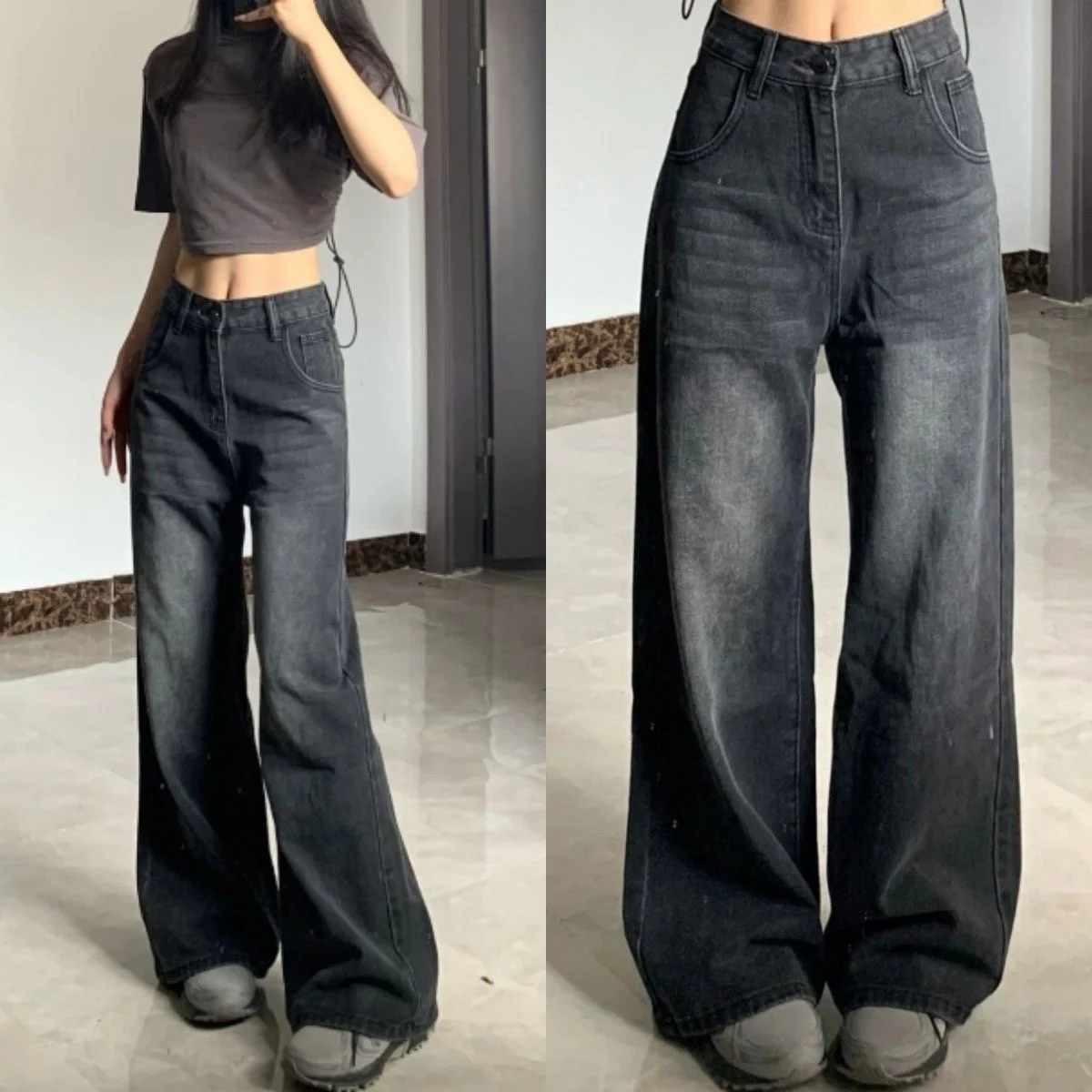 Korean Vintage High Waist Women's Jeans Y2K Slimming Pear-Shaped Loose Straight Bell Bottoms Black Gray Baggy Denim Trousers
