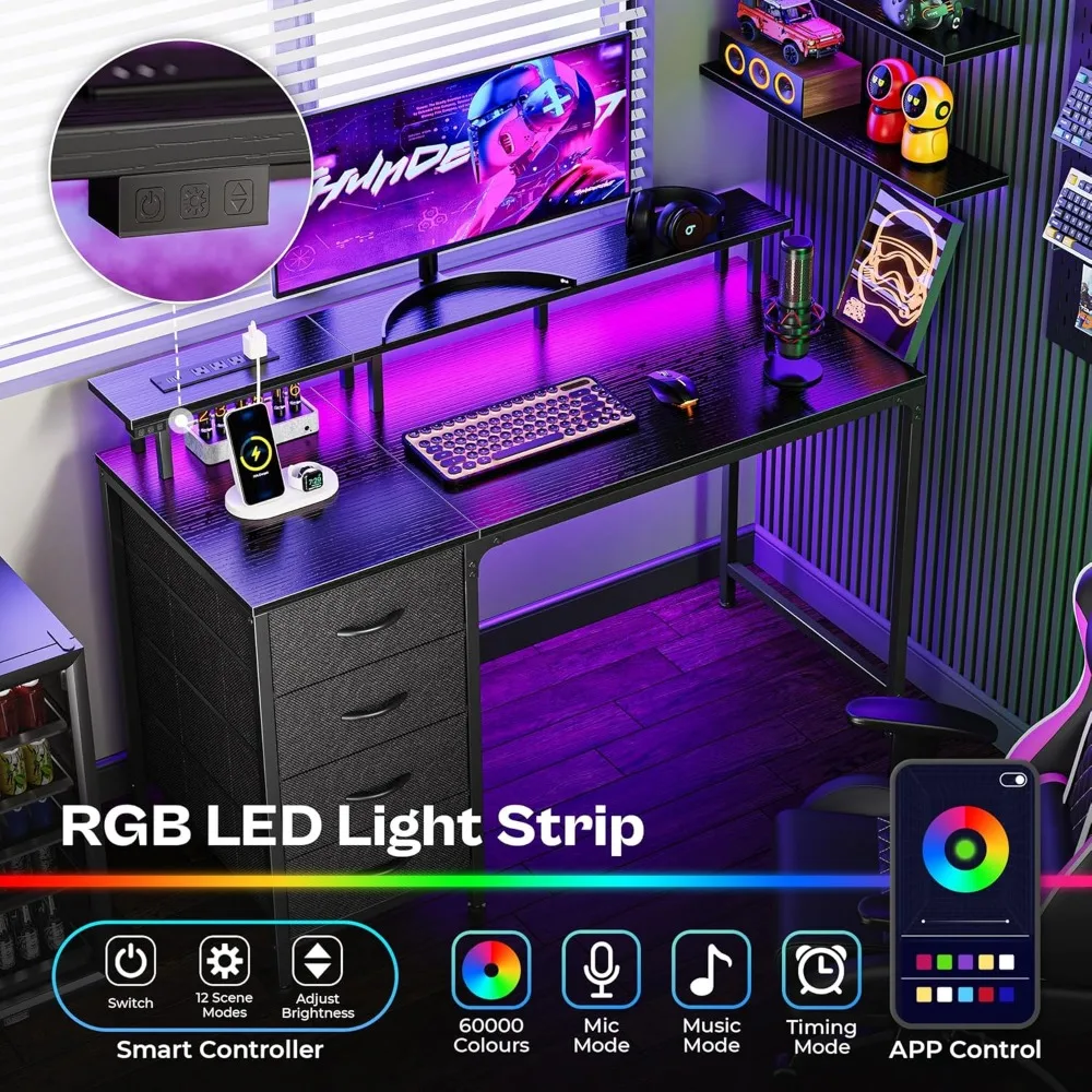 47-Inch Gaming Desk with LED Lights, Power Outlets & 4 Drawers - Compact Office Desk for Small Spaces