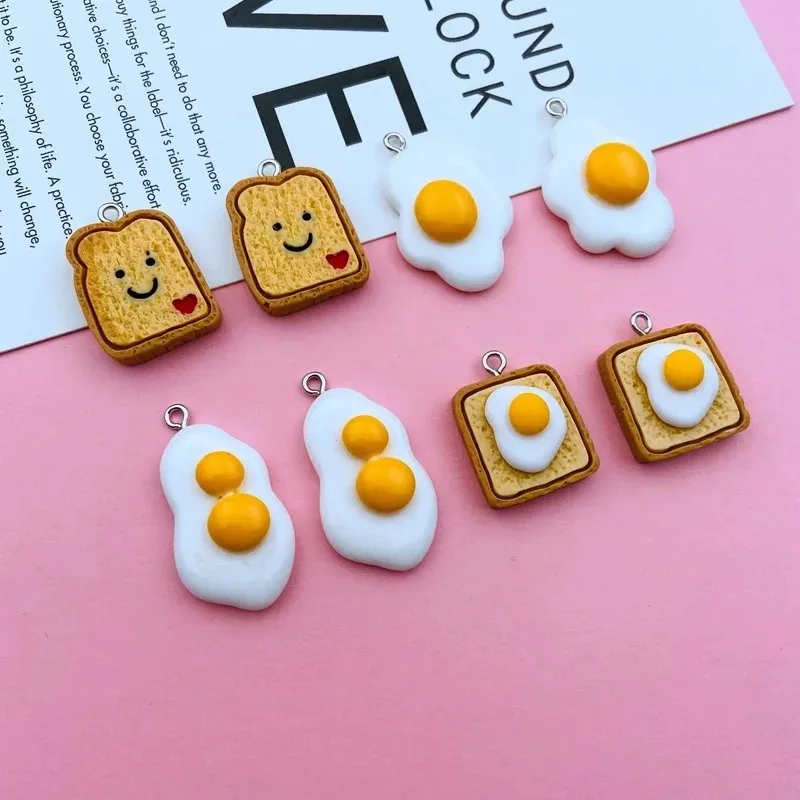 10Pcs Simulated Breakfast Food Resin Charms Toast Bread Egg Pendants DIY Craft Supplies For Earrings Necklaces Keychains