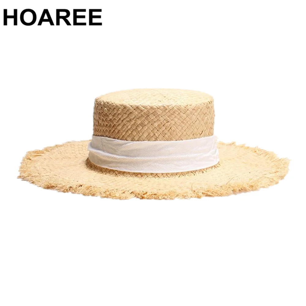 

Шляпа от солнца HOAREE из рафии Женская, Соломенная Панама от солнца с широкими полями, в повседневном стиле, на шнуровке, дизайнерский брендовый Пляжный головной убор с плоским верхом, на лето