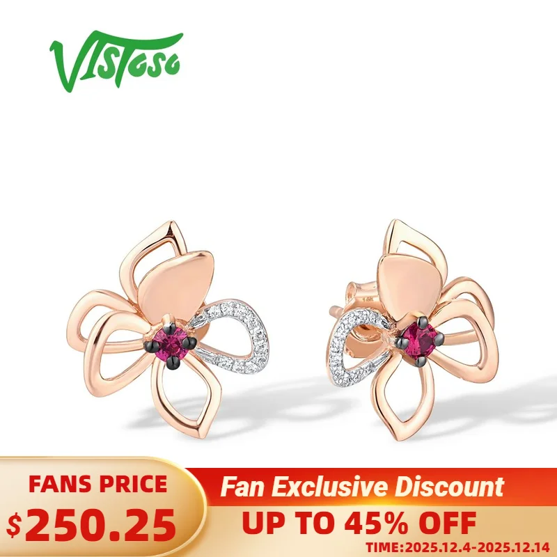 

VISTOSO Genuine 14K 585 Rose Gold Stud Earrings For Women Natural Ruby Diamond Delicate Flower Wedding Party Gifts Fine Jewelry