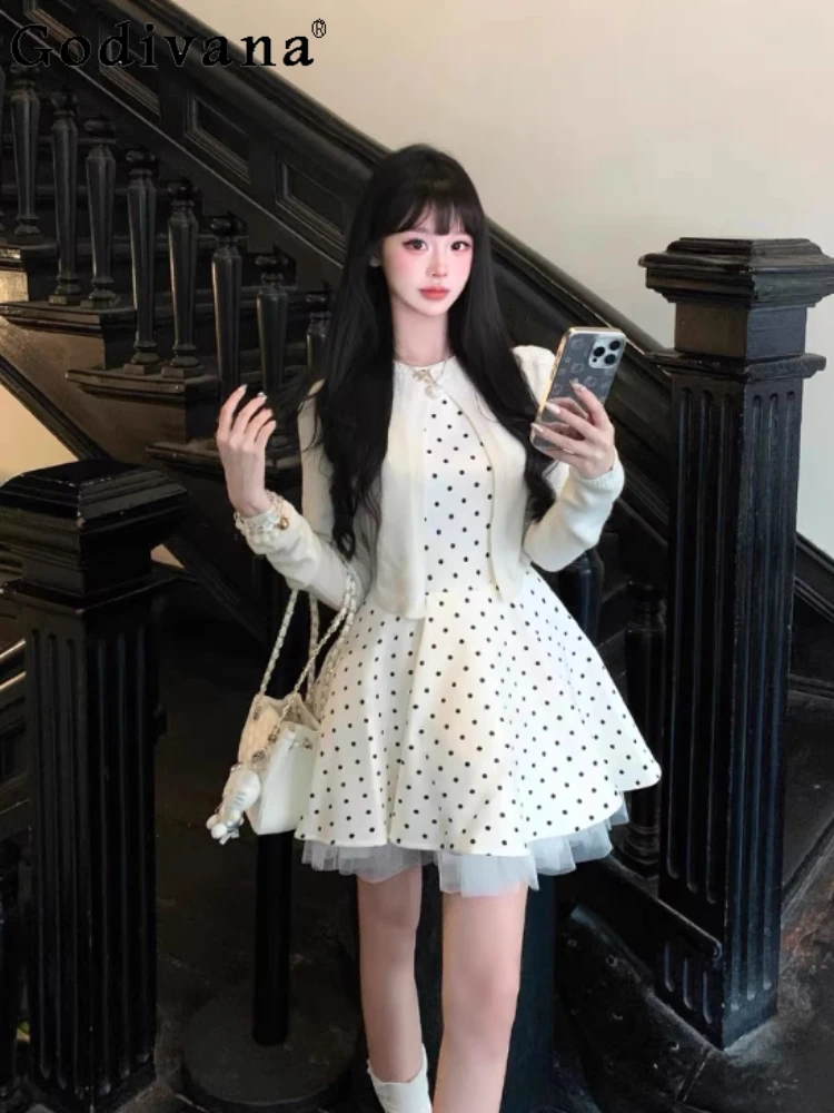 

French Style High-End Polka Dot Princess Sleeveless Dress Party Cardigan Sweet Cute Girl Doll Style Puffy Dress Set