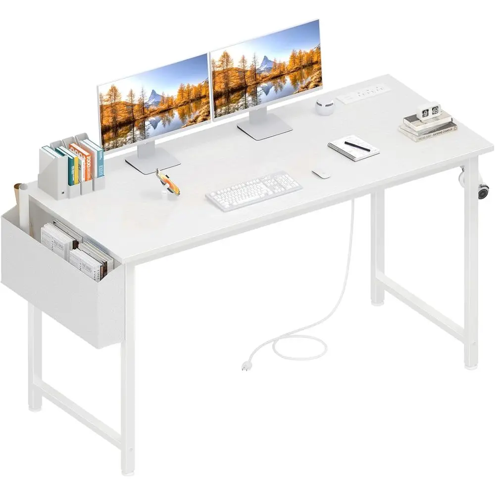47 Inch White Study Desk with Built-in Power Outlets for Home Office, Gaming, and Charging