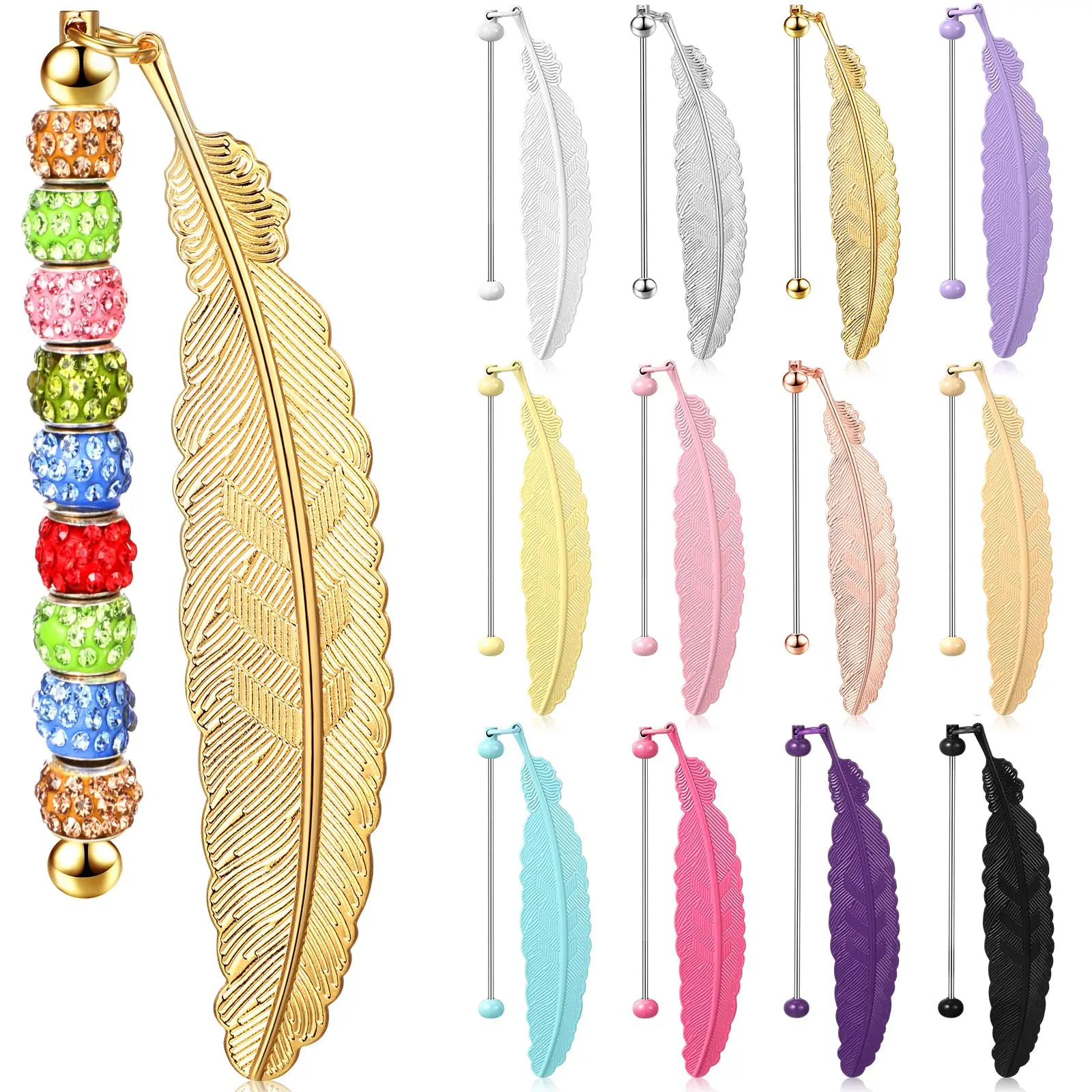 12Pcs Beadable Bookmark Vintage Feather Metal Bookmark Beading Bookmarks Gifts for Student Office Teacher Birthday Present