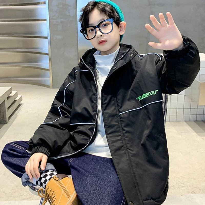 Boys Coat Jacket Cotton Outerwear Windbreak 2023 Hot Thicken Velvet Winter Warm Teenagers Children\'s Clothing