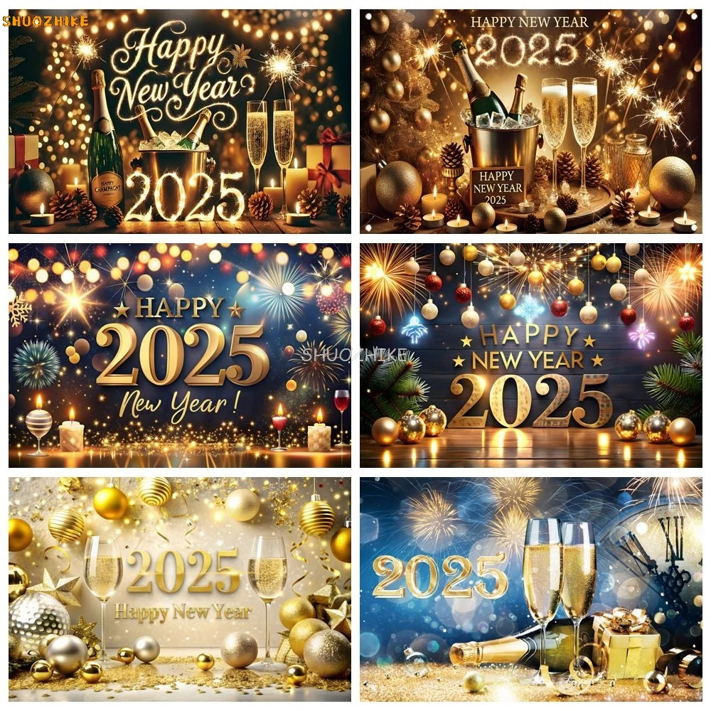 

Happy New Year Photography Backdrop 2025 Beers Wine Glass Clock Firework Family Party Photo Background Decor Photo Studio Props