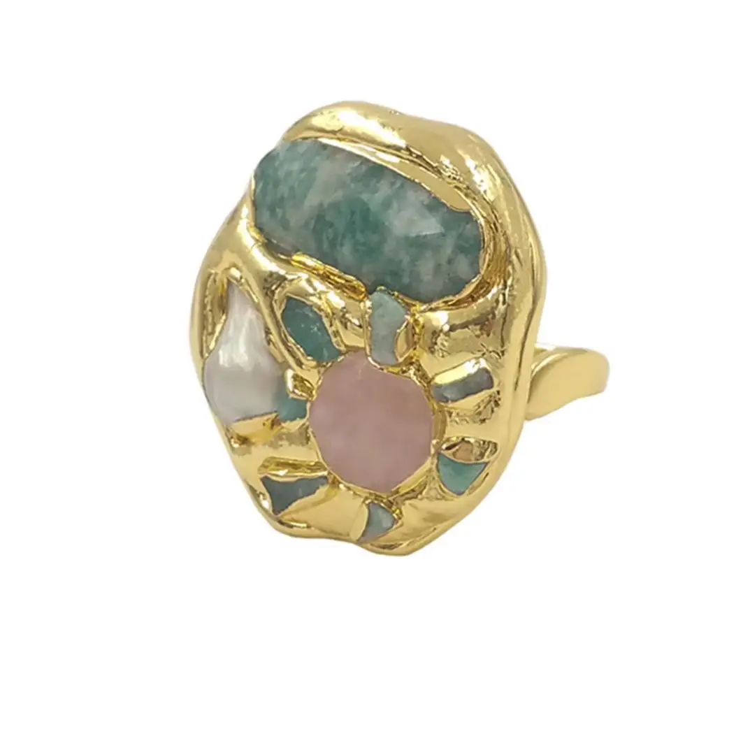 WT-MPR139 Vintage Colorful Gemstone Amozonite Amethyst&Pearl Paved With 18k Gold Plated Big Ring For Cocktail Party Jewelry