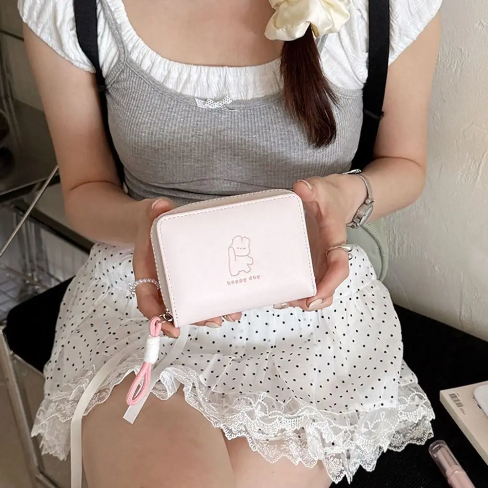 Cartera portátil Kawaii para mujer, tarjetero plegable con dibujos de oso, conejo, gato, estudiante, monedero corto de cuero Pu, tarjetero