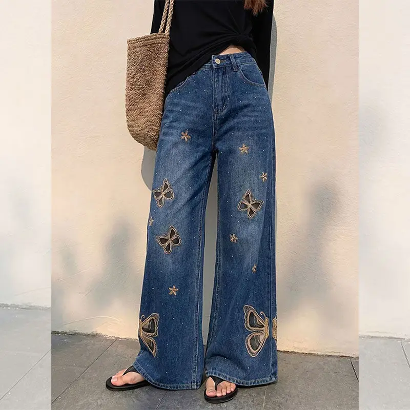 

High Waist Wide Leg Denim Jeans Women's Loose Fit Straight New Chinese Style Fashionable Versatile Long Trousers Summer