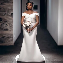 Elegant Wedding Dress Mermaid Off the Shoulder Crystal White Gowns for Women 2023 Bride Trumpet V Neck Satin Bridal Gown