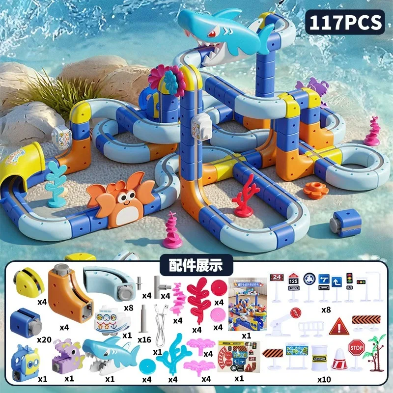 

New Diy Magnetic Car Stem Racing Car Ocean Railtrack Set Montessori Motorized Train & Gravity Maze Toy Educational Gift For Kids