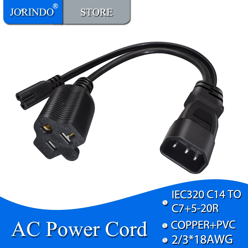 JORINDO IEC320 C14 to C7+NEMA 5-20R Y Splitter power plug line converter, C14 Male to 8-shaped and American socket power cable