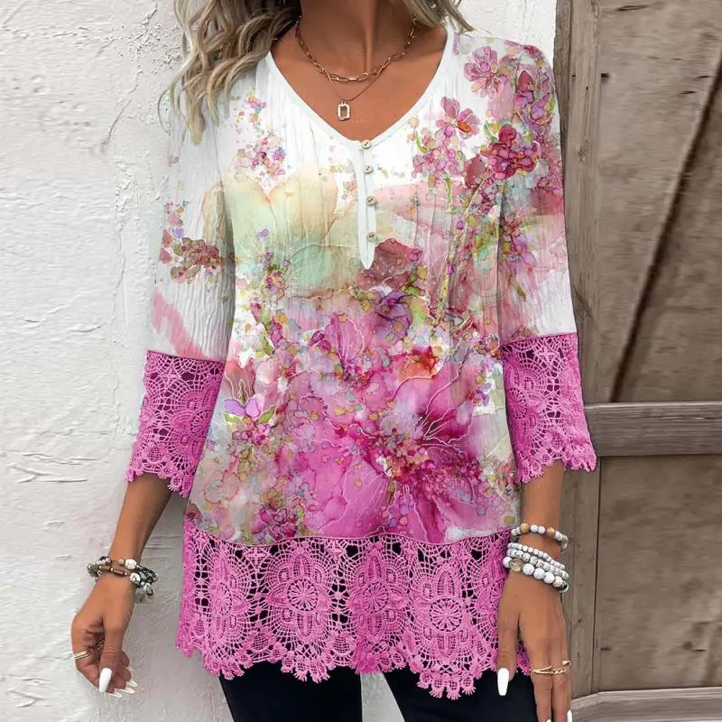 

Plus Size Women 3/4 Sleeve V-neck Floral Printed Graphic Button Lace Tops