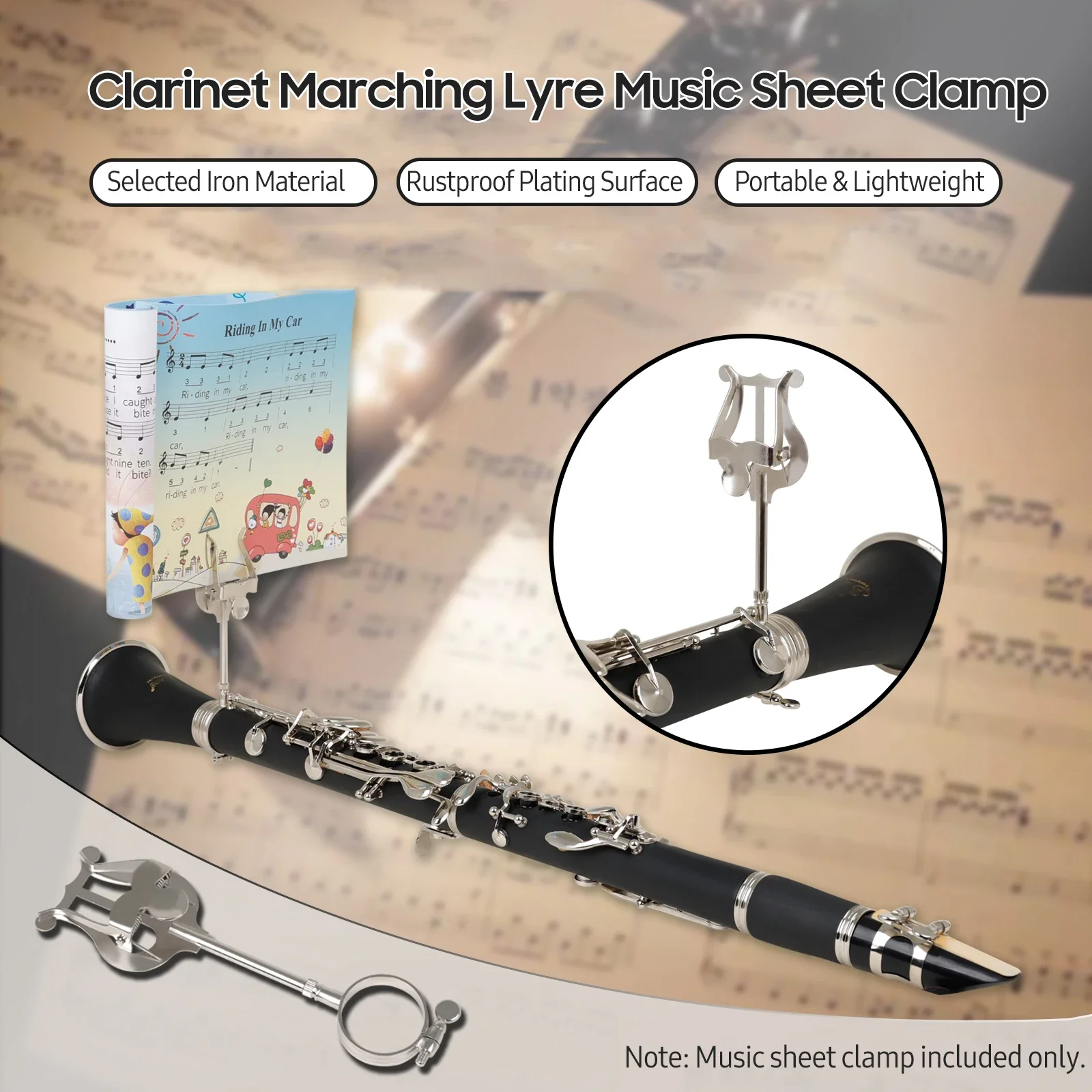 New Clarinet Marching Lyre Portable Music Stand Music Sheet Clip Iron Clamp on Holder