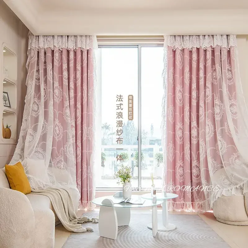 French Romantic Double Layered Curtain Princess Rococo Lace Plus Cloth Curtain Living Room Bedroom Light Luxury Curtain