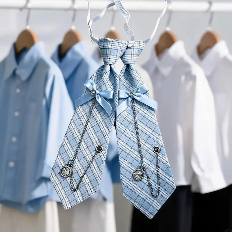 Polyester Kids No-Knot Necktie with Light Blue Checked Pattern, Adjustable Strap, and Ribbon Accent for School Use 6XDA