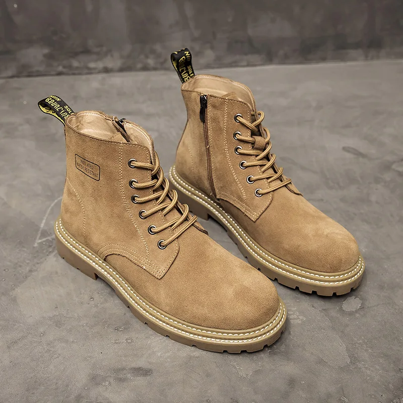 Men's leather boots for autumn and winter  new high top British men's boots cow suede inner height increasing men's shoes