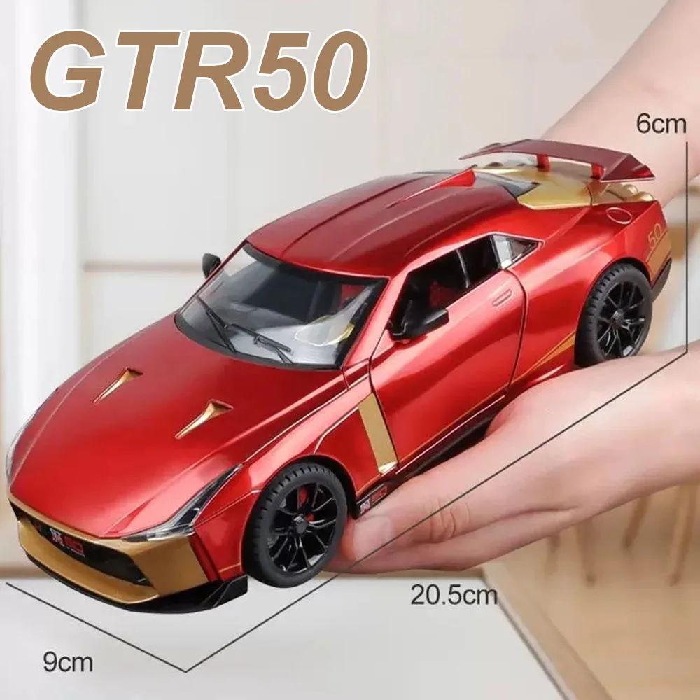 Modelo de juguete en miniatura GTR50 R34 1:24, coche de aleación fundida, sonido, luz, puertas extraíbles, vehículo en miniatura abierto, regalo de cumpleaños para Amiga