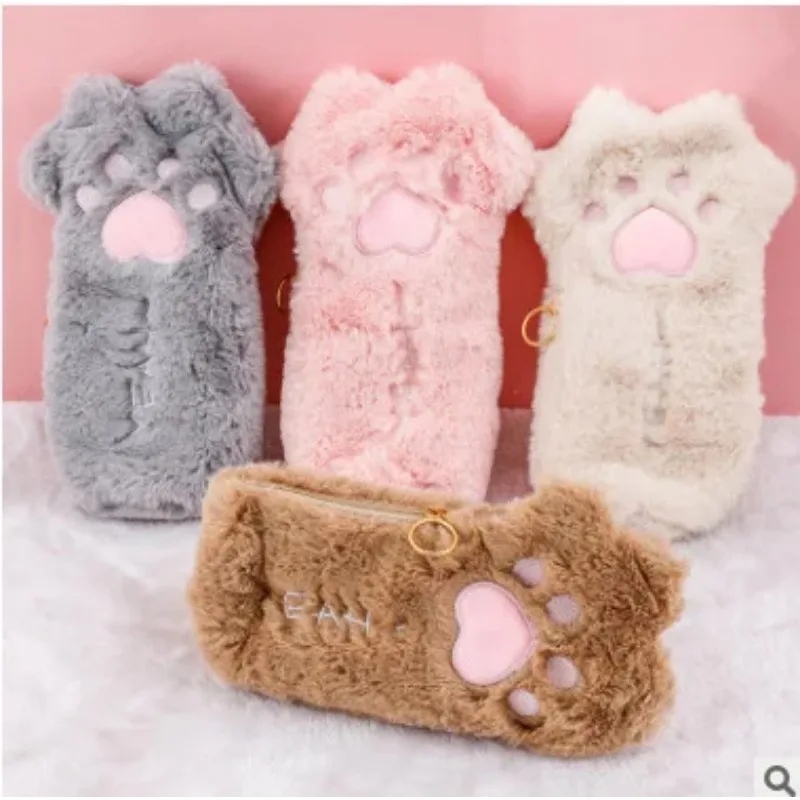 2024 Cute Cat Paw Pencil Bag Cute Stationery Holder Bag Large Capacity Pen Case Makeup Pouch Soft Plush Cosmetic Storage Case