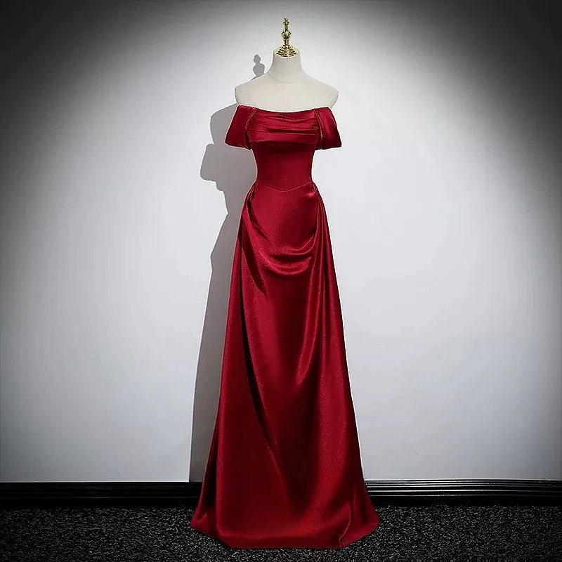 Wine Red Wedding Party Evening Dresses Off Shoulder Lace Up Long Silky Satin Women Formal Special Occasion Bride Gown