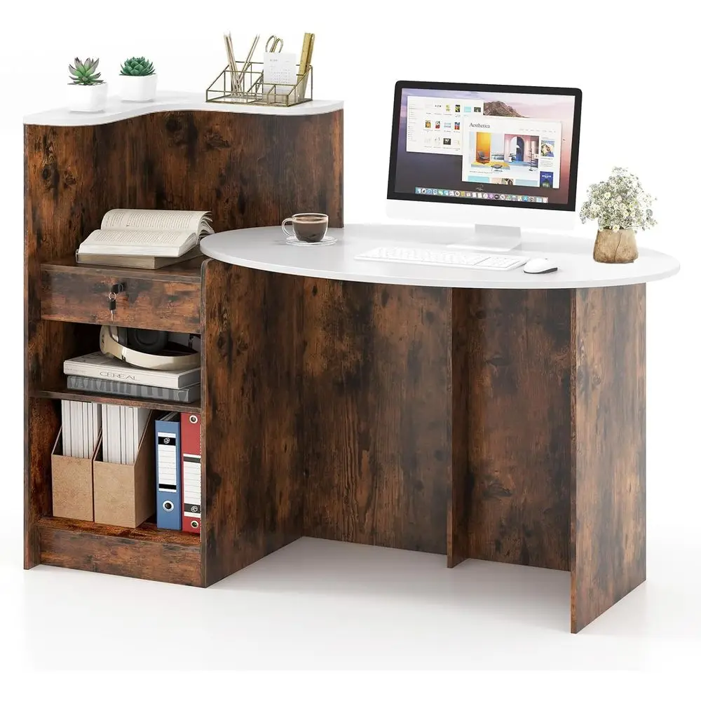 

54 Большая касса для розничной торговли с запираемым ящиком и открытыми полками, деревянной стойкой регистрации, овальным рабочим столом и L-стойкой для магазина