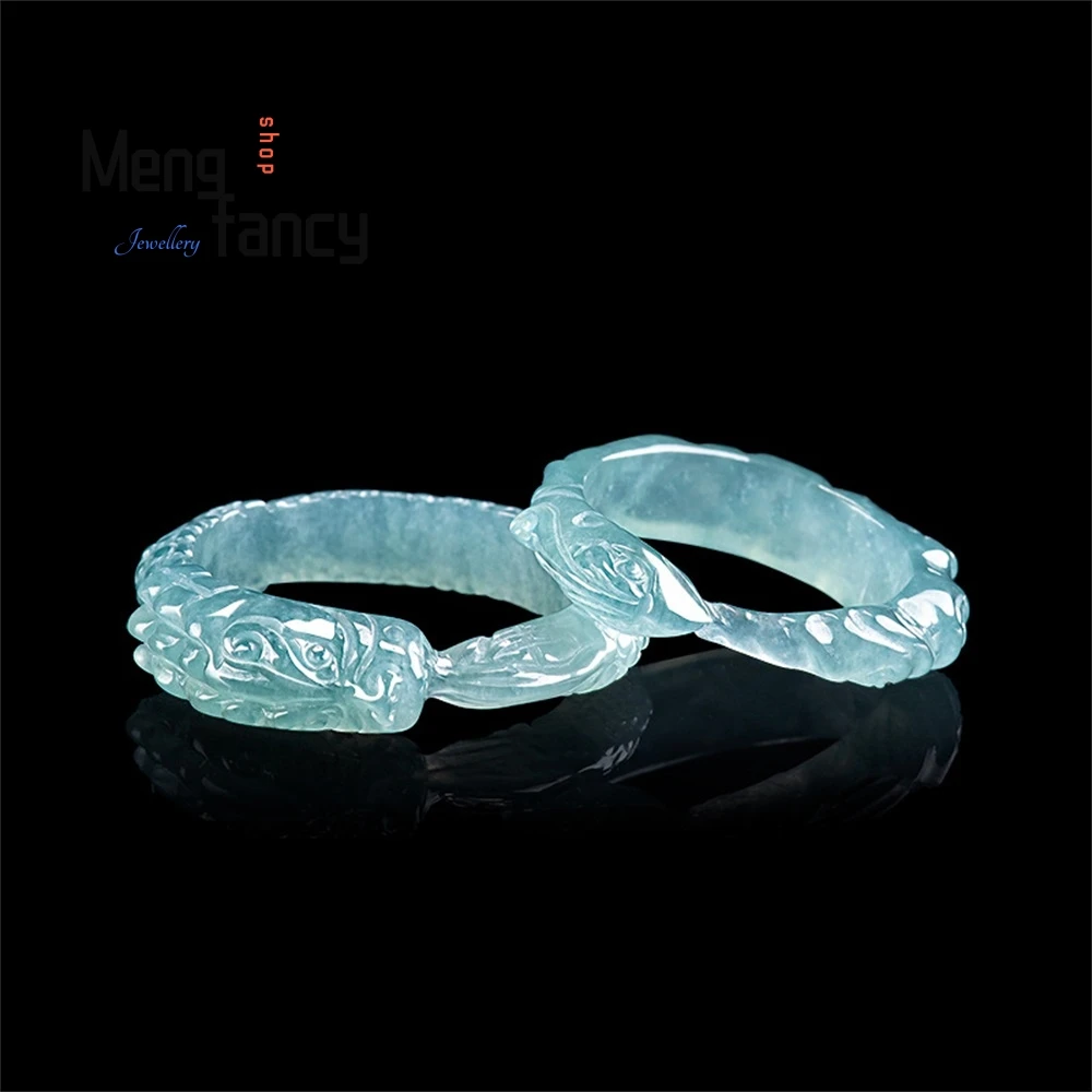 

High-End Natural A-Grade Jadeite Blue Water Dragon And Phoenix Ring, Ice-Type Jade Ring Personalized Men's And Women's Rings