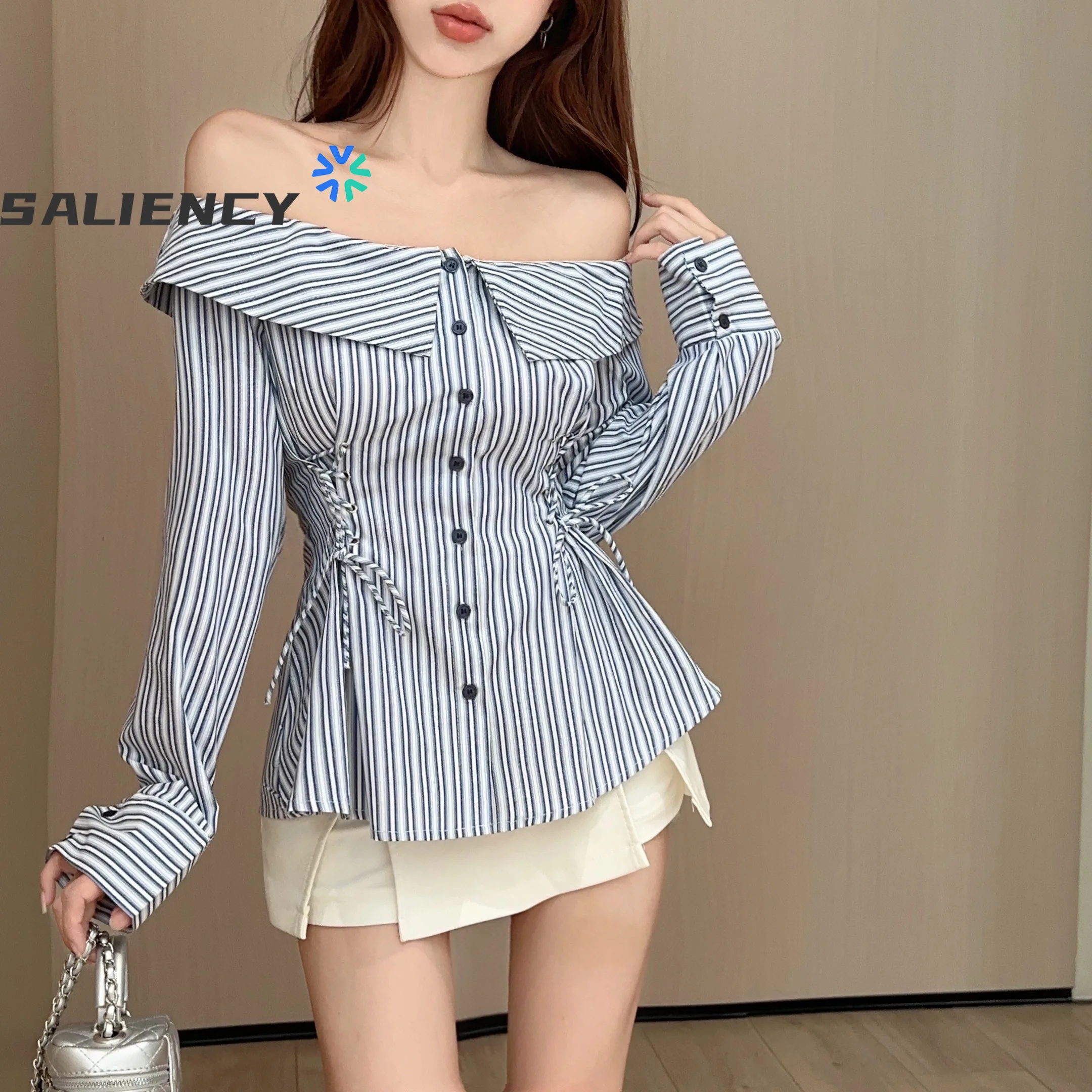 

Striped Off Shoulder Tie Shirt Women Spring Elegant Chic Casual Simple Long Sleeve Blouse Tops