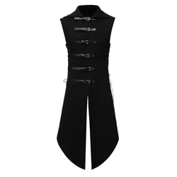 Men's Vintage Gothic Medieval Renaissance Tuxedo Vest Fashion Sleeveless Leather Buckle Halloween Party Retro Cosplay Trench Top