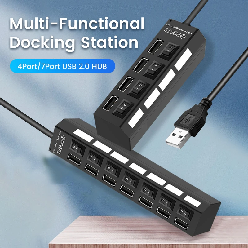 USB 2.0 Hub Multi USB Splitter Ports Hub Use Power Adapter4/ 7 Port Multiple Expander Hub with Switch 30CM Cable For Home