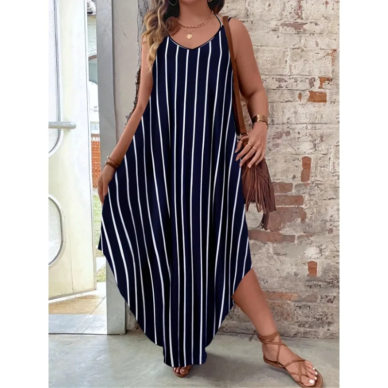 Plus Size 1XL-5XL Women's Fashionable Slim Shoulder Strap Striped Printed Casual Comfortable Suspender Dress