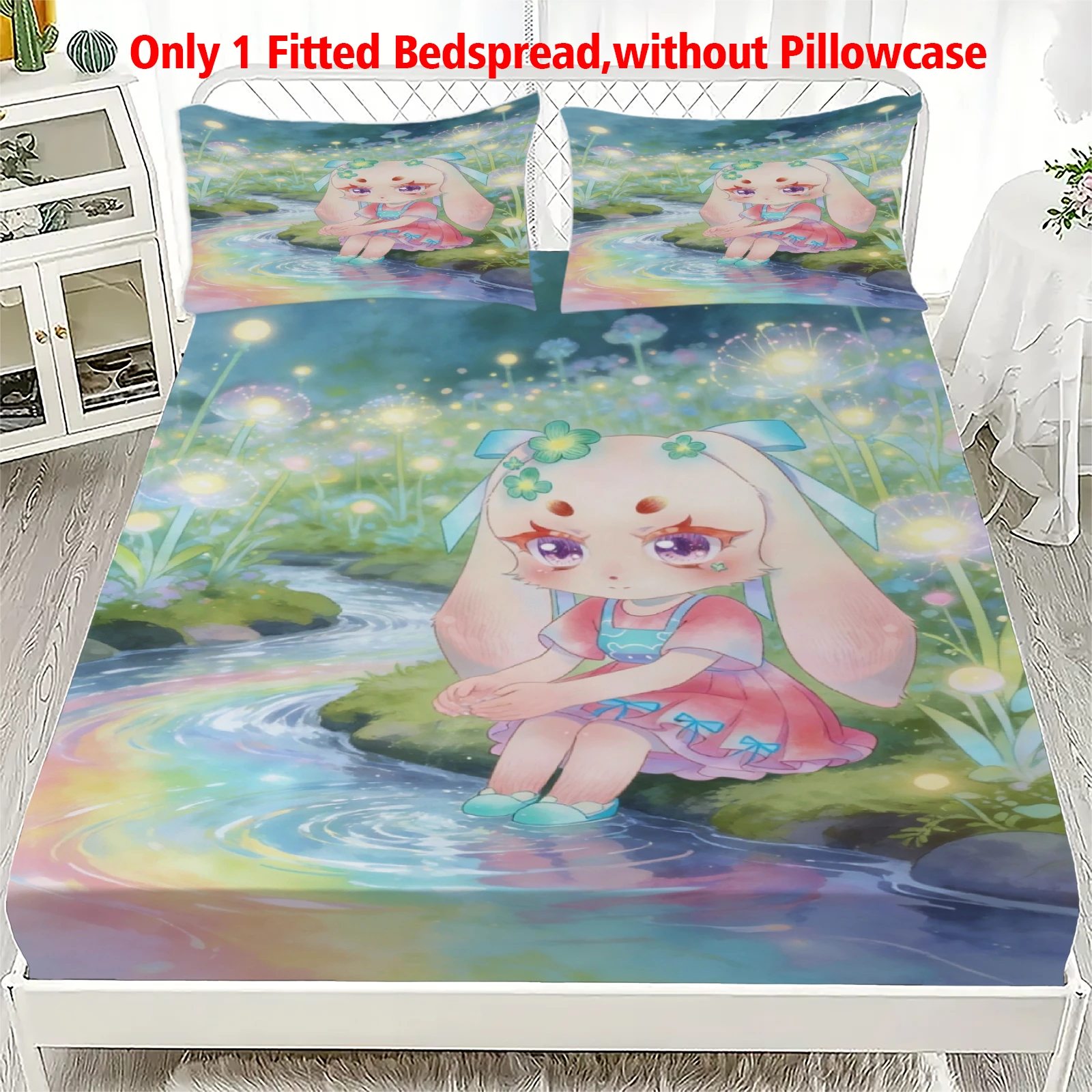 3pcs Fitted Sheet Set Soft Fluff Town Lulu-Sleepy Bunny Breathable Fitted Sheet Set for Home Decor with 2 Pillowcases For Kids