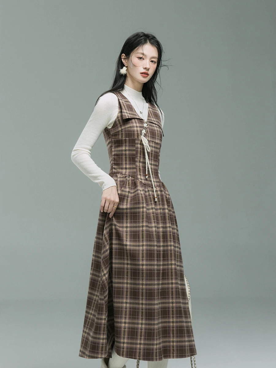 

XinXinYuE Movie Quali Layering Rosemary Tea Ne Cross String Plaid Vest Skirt Casual Sle Autumn Winter Women's Dr
