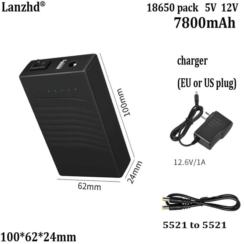 

НОВЫЙ 5 В 12 В 18650 7800 мАч Литий-ионный аккумулятор 3S1P DC 12 В USB 5 В Мобильное питание с кабелем 5521 и зарядным устройством