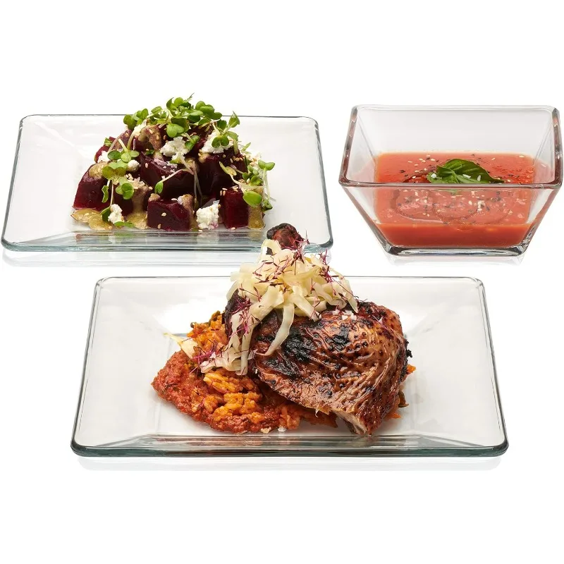 Tempo Glass Dinnerware Set, Sleek Square Clear Glass Plates and Bowls Set of 12, Dishwasher Safe Glass Dishes Set