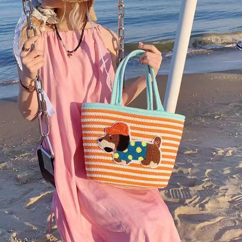 1Pcs Women's Simple Fashion Handbag Cartoon Sausage Dog Cotton Rope Woven Large Capacity Tote Bag Casual Daily Match