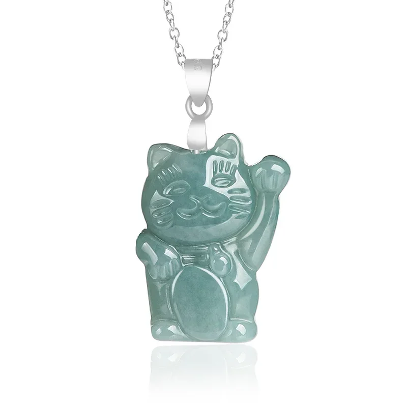 Burmese Blue Jade Fortune Cat Pendant Real Green 925 Silver Emerald Vintage Women Jewelry Jadeite Necklace Accessories Natural