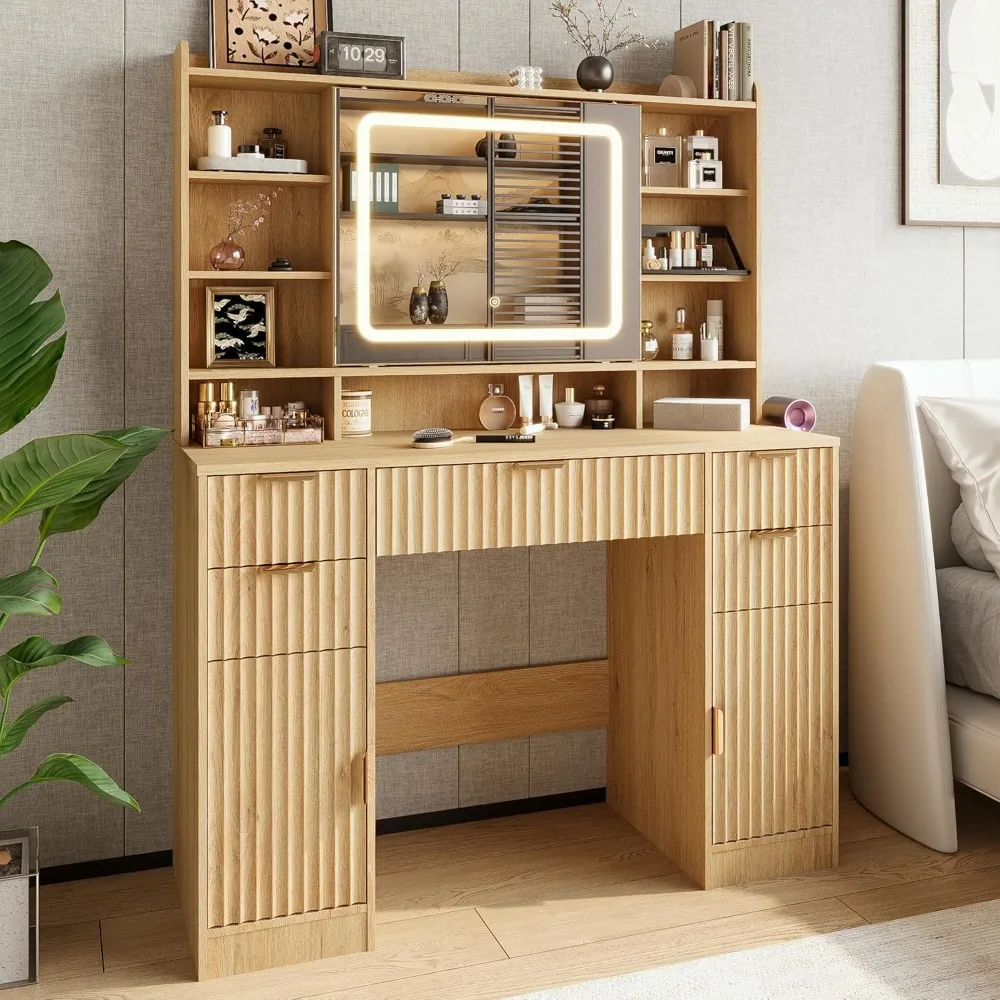 

43.3 Fluted Vanity Desk with Mirror and Lights, Wood Makeup Vanity Desk with Charging Station & Mobile Mirror, Modern Dressing