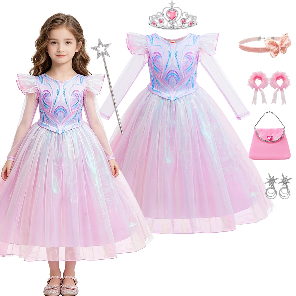 Girls Glinda Shiny Tulle Princess Dress Long Sheer Mesh Sleeve Ruffle Shoulder Gown for Birthday Halloween Party Cosplay