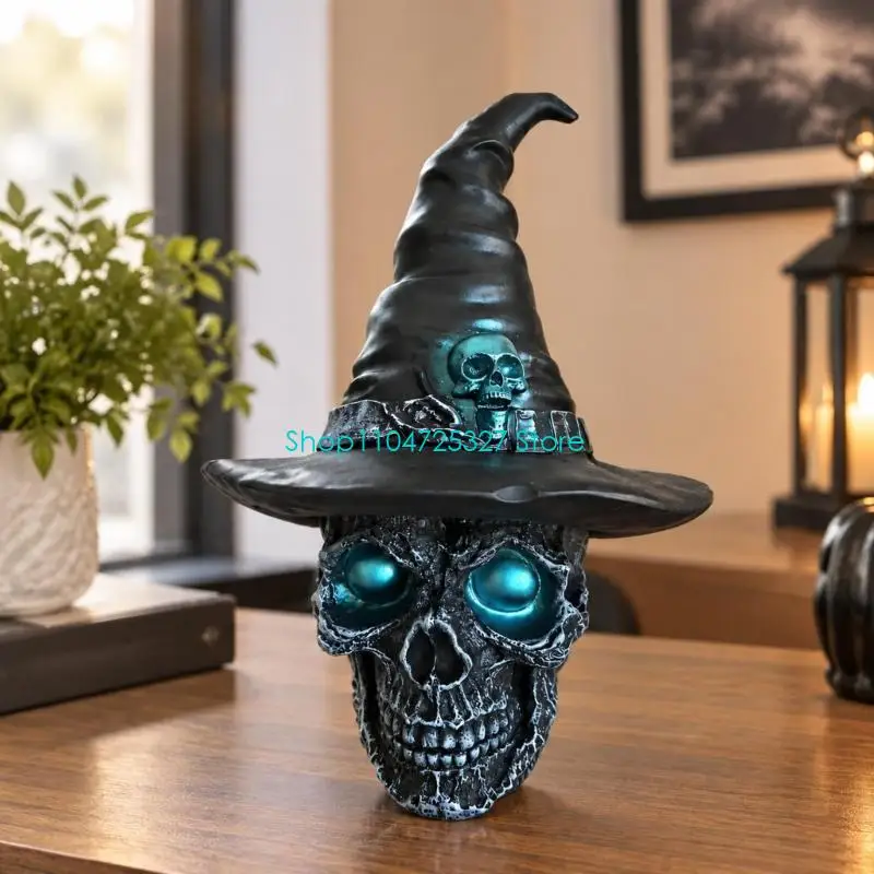 D8KF Skull Halloween Figure with Blue-Gray Coloring and Small Book Forms along the Hat for Parties, Themed Gatherings, and Photo