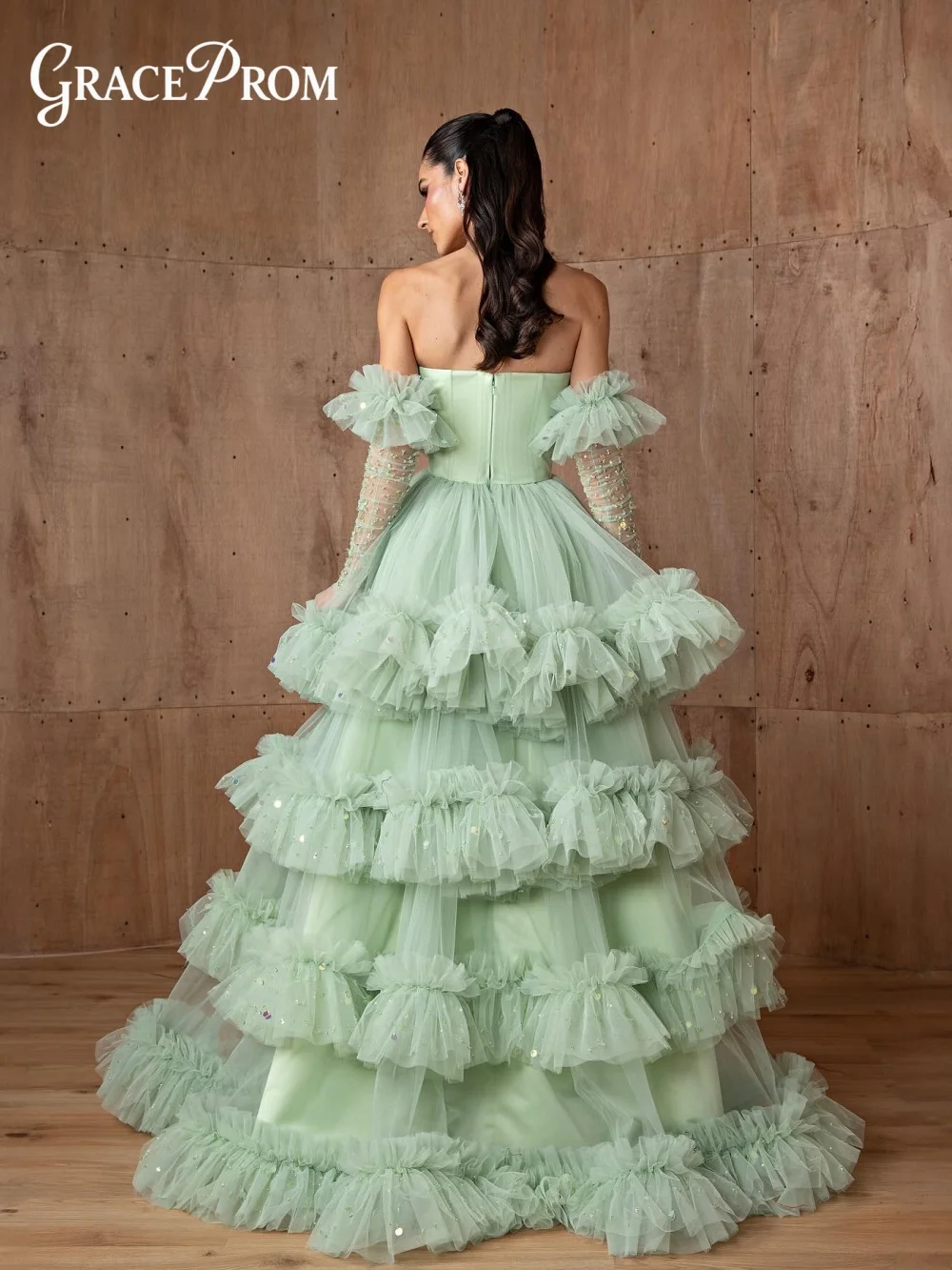 GraceProm Strapless Tulle Evening Dress 2026 Premium Ruffled Red Carpet Gown Chic Ball Gown Floor-Length Party Gown Customized