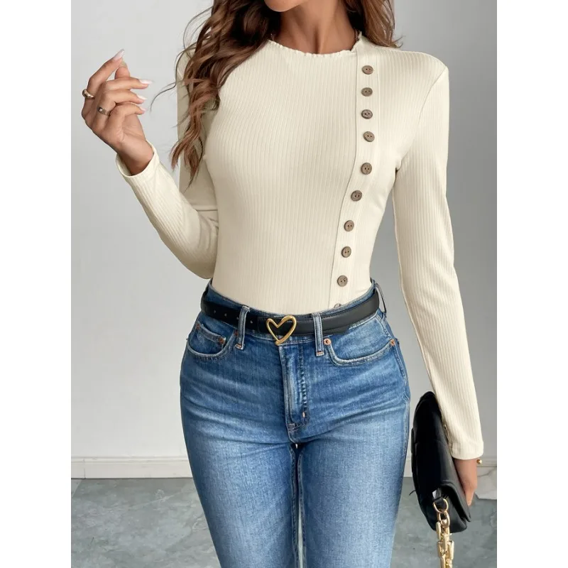 Women's White Ribbed Bodysuit Long Sleeve Crew Neck Side Button Slim Fit Casual Daily Top