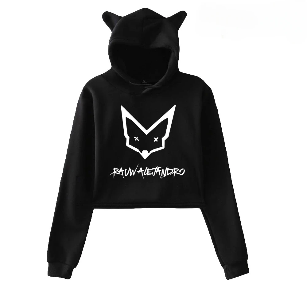 

Rapper Rauw Alejandro Crop Top Hoodie for Teen Girls Streetwear Hip Hop Kawaii Cat Ear Harajuku Cropped Sweatshirt Pullover Tops