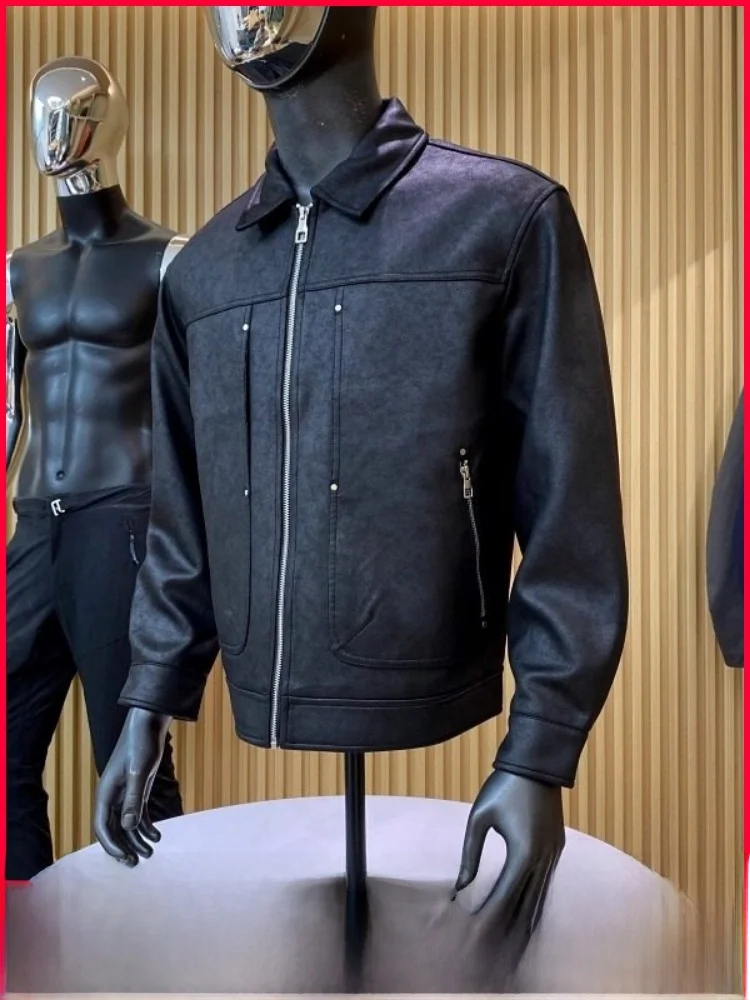 

Мужская замшевая ткань в стиле ретро, модный мотоциклетный воротник, повседневная куртка, свободная посадка, украшение на молнии, ветрозащитная молодежная кинотеатр, весна A...