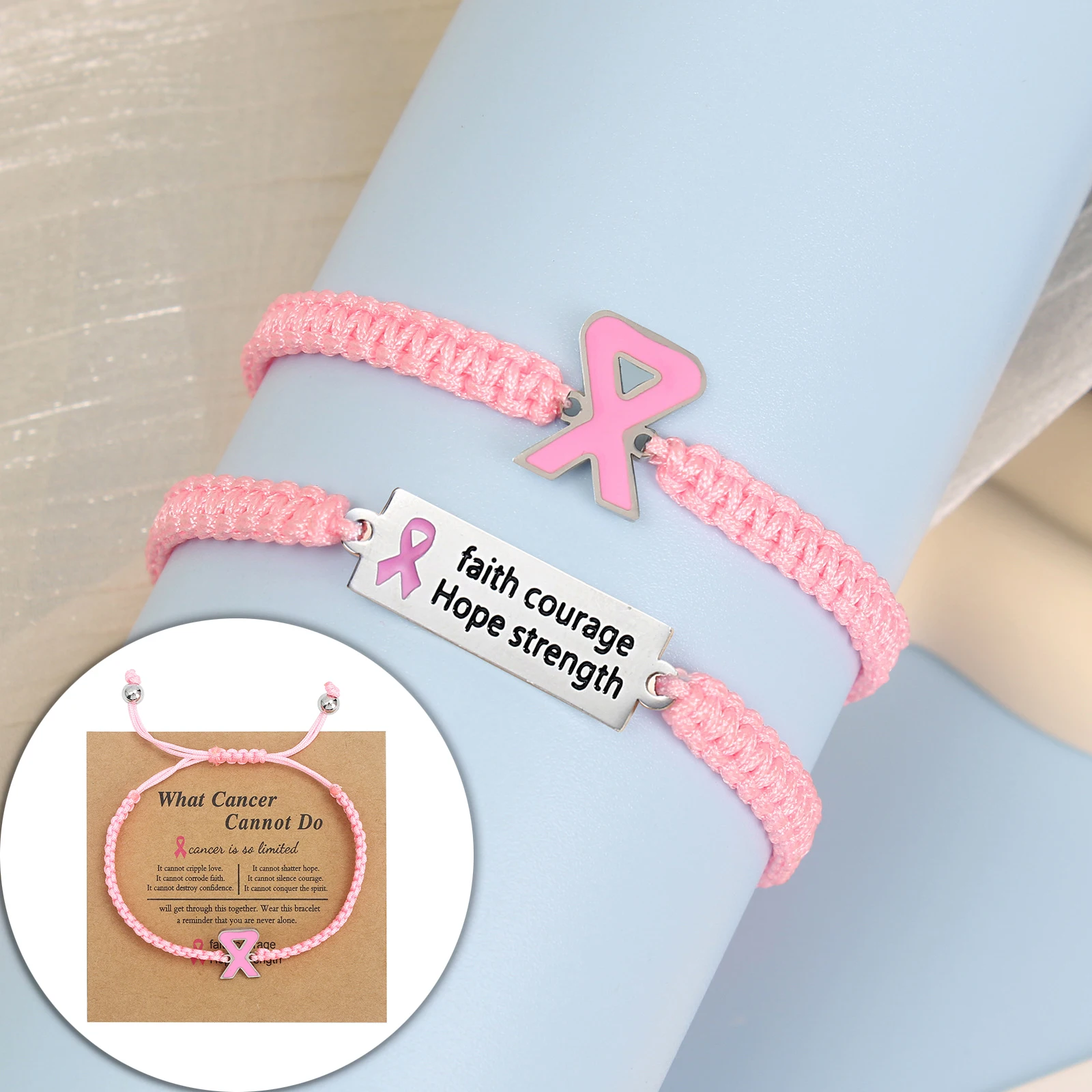 1pc Courage Strength Pink Ribbon Promotes Women\'s Breast Awareness Bracelet Pink Braided Rope Bracelet Gift For Women