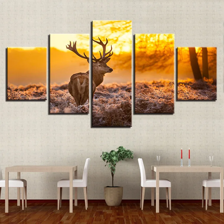 100CM high-definition framed 5-piece decorative natural spirit animal elk home decoration mural