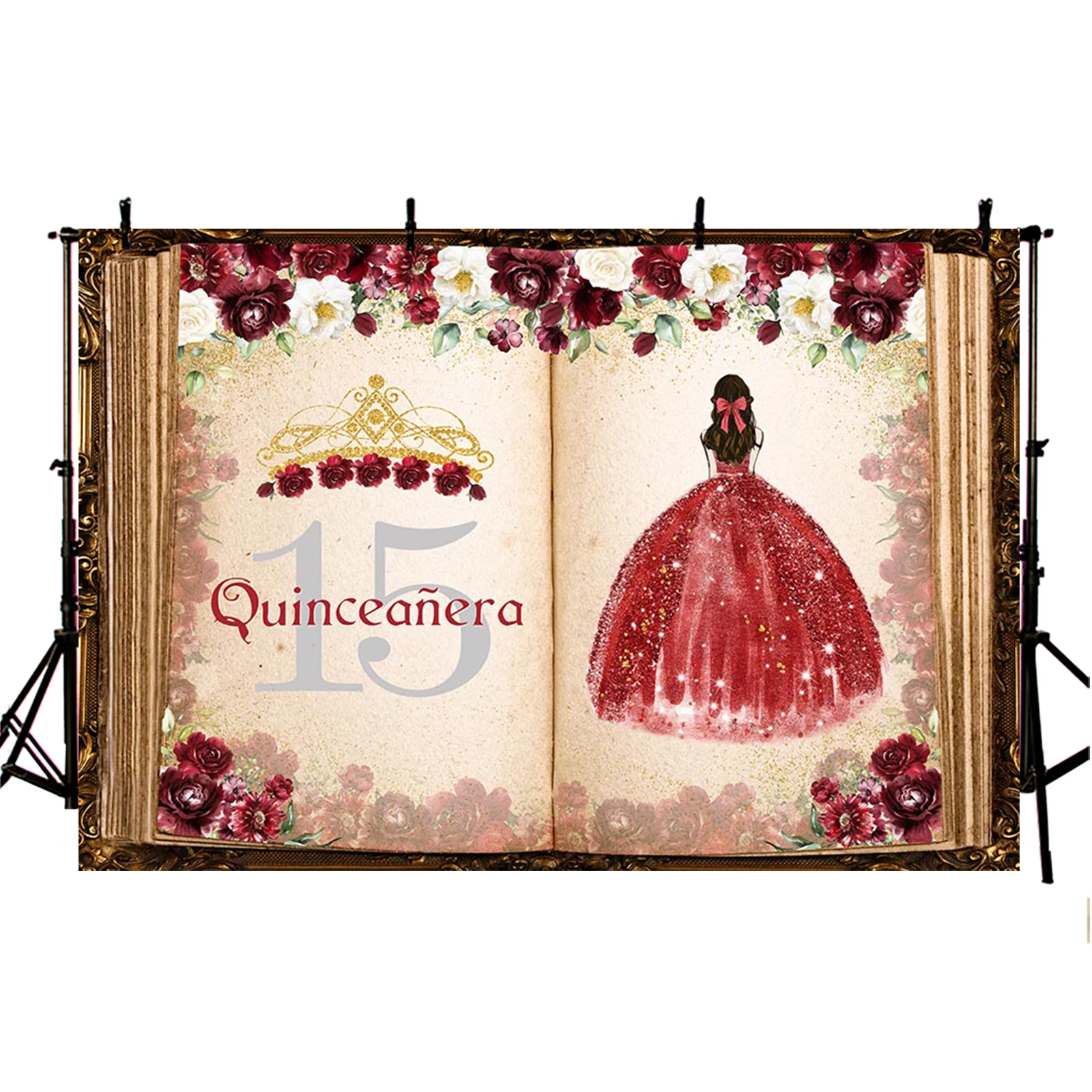 Quinceanera 15th Birthday Backdrop for Sweet Girl Party Decorations Fairy Tale Books Floral Crown Banner Photography Background