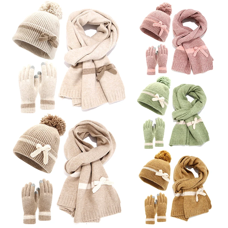 Winter Bow Scarf Hat Glove for Women Korean Sweet Bows Fashion Pompom Beanies Touch Screen Gloves Outdoor Coldproof Warm Scarves