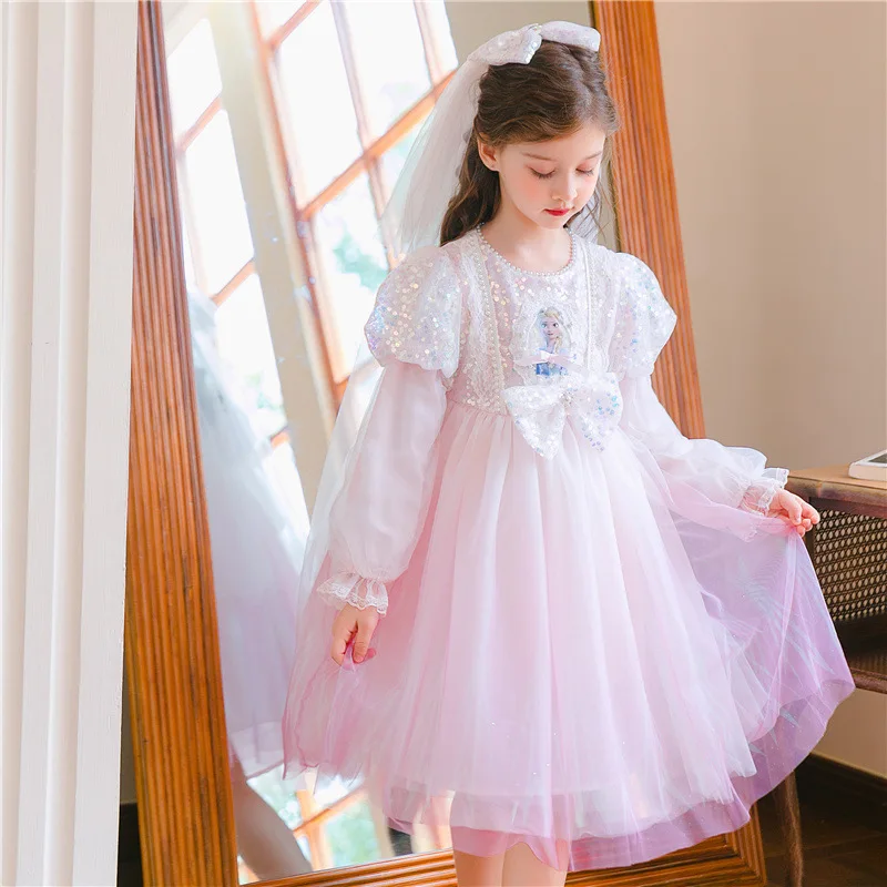 New Disney Fantasy Girls' Cosplay Princess Elsa Dress 2024 Autumn Frozen Fantasy Dress Halloween Party Ball Dress Gift Headdress